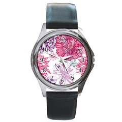 Red And Pink Flowers Vector Art Asters Patterns Backgrounds Round Metal Watch by Jancukart