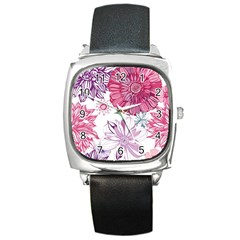 Red And Pink Flowers Vector Art Asters Patterns Backgrounds Square Metal Watch