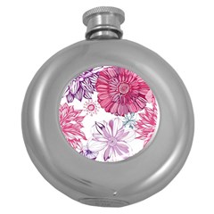 Red And Pink Flowers Vector Art Asters Patterns Backgrounds Round Hip Flask (5 Oz)