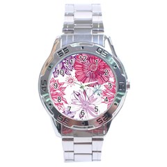 Red And Pink Flowers Vector Art Asters Patterns Backgrounds Stainless Steel Analogue Watch