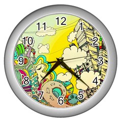 Doodle Wallpaper Artistic Surreal Wall Clock (silver) by Jancukart