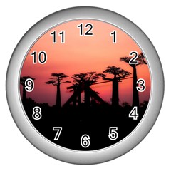 Baobabs Trees Silhouette Landscape Sunset Dusk Wall Clock (silver)