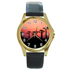 Baobabs Trees Silhouette Landscape Sunset Dusk Round Gold Metal Watch by Jancukart