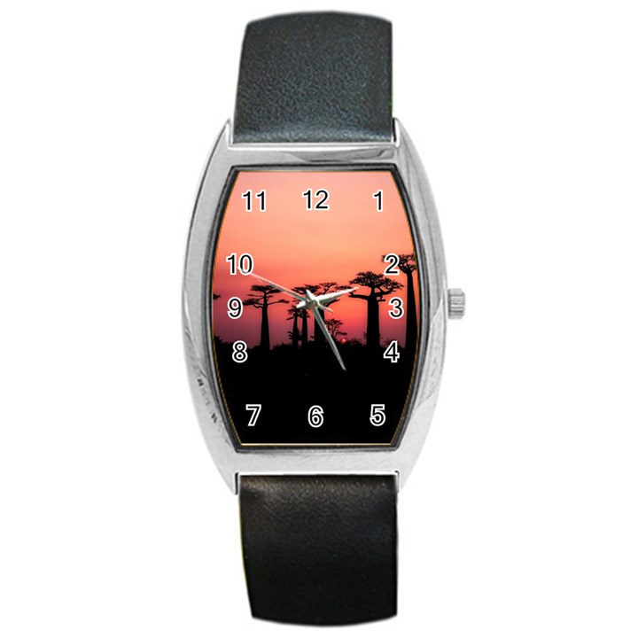 Baobabs Trees Silhouette Landscape Sunset Dusk Barrel Style Metal Watch