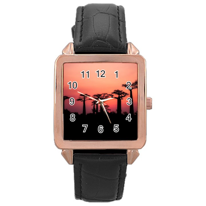 Baobabs Trees Silhouette Landscape Sunset Dusk Rose Gold Leather Watch 