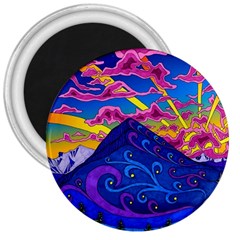 Psychedelic Colorful Lines Nature Mountain Trees Snowy Peak Moon Sun Rays Hill Road Artwork Stars Sk 3  Magnets by Jancukart