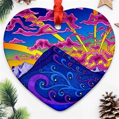 Psychedelic Colorful Lines Nature Mountain Trees Snowy Peak Moon Sun Rays Hill Road Artwork Stars Sk Ornament (heart)