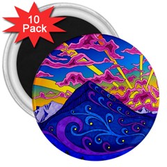 Psychedelic Colorful Lines Nature Mountain Trees Snowy Peak Moon Sun Rays Hill Road Artwork Stars Sk 3  Magnets (10 Pack)  by Jancukart