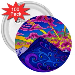 Psychedelic Colorful Lines Nature Mountain Trees Snowy Peak Moon Sun Rays Hill Road Artwork Stars Sk 3  Buttons (100 Pack)  by Jancukart