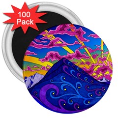 Psychedelic Colorful Lines Nature Mountain Trees Snowy Peak Moon Sun Rays Hill Road Artwork Stars Sk 3  Magnets (100 Pack) by Jancukart