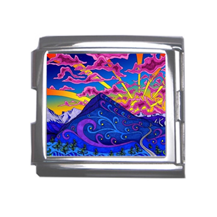 Psychedelic Colorful Lines Nature Mountain Trees Snowy Peak Moon Sun Rays Hill Road Artwork Stars Sk Mega Link Italian Charm (18mm)