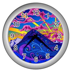 Psychedelic Colorful Lines Nature Mountain Trees Snowy Peak Moon Sun Rays Hill Road Artwork Stars Sk Wall Clock (silver) by Jancukart