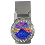 Psychedelic Colorful Lines Nature Mountain Trees Snowy Peak Moon Sun Rays Hill Road Artwork Stars Sk Money Clips (CZ)  Front