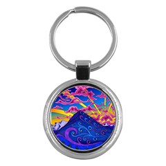 Psychedelic Colorful Lines Nature Mountain Trees Snowy Peak Moon Sun Rays Hill Road Artwork Stars Sk Key Chain (round)