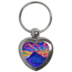 Psychedelic Colorful Lines Nature Mountain Trees Snowy Peak Moon Sun Rays Hill Road Artwork Stars Sk Key Chain (heart) by Jancukart