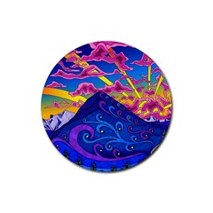 Psychedelic Colorful Lines Nature Mountain Trees Snowy Peak Moon Sun Rays Hill Road Artwork Stars Sk Rubber Round Coaster (4 Pack) by Jancukart