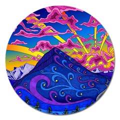 Psychedelic Colorful Lines Nature Mountain Trees Snowy Peak Moon Sun Rays Hill Road Artwork Stars Sk Magnet 5  (round) by Jancukart