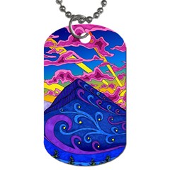 Psychedelic Colorful Lines Nature Mountain Trees Snowy Peak Moon Sun Rays Hill Road Artwork Stars Sk Dog Tag (one Side) by Jancukart