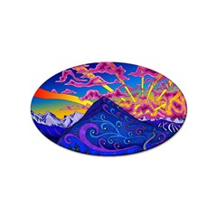 Psychedelic Colorful Lines Nature Mountain Trees Snowy Peak Moon Sun Rays Hill Road Artwork Stars Sk Sticker Oval (100 Pack) by Jancukart