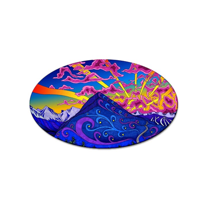 Psychedelic Colorful Lines Nature Mountain Trees Snowy Peak Moon Sun Rays Hill Road Artwork Stars Sk Sticker Oval (100 pack)