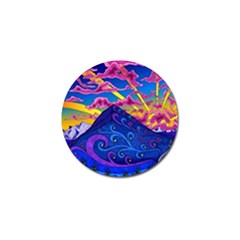 Psychedelic Colorful Lines Nature Mountain Trees Snowy Peak Moon Sun Rays Hill Road Artwork Stars Sk Golf Ball Marker by Jancukart