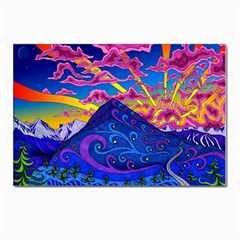 Psychedelic Colorful Lines Nature Mountain Trees Snowy Peak Moon Sun Rays Hill Road Artwork Stars Sk Postcards 5  X 7  (pkg Of 10) by Jancukart