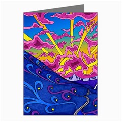 Psychedelic Colorful Lines Nature Mountain Trees Snowy Peak Moon Sun Rays Hill Road Artwork Stars Sk Greeting Cards (pkg Of 8) by Jancukart