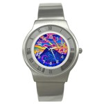 Psychedelic Colorful Lines Nature Mountain Trees Snowy Peak Moon Sun Rays Hill Road Artwork Stars Sk Stainless Steel Watch Front