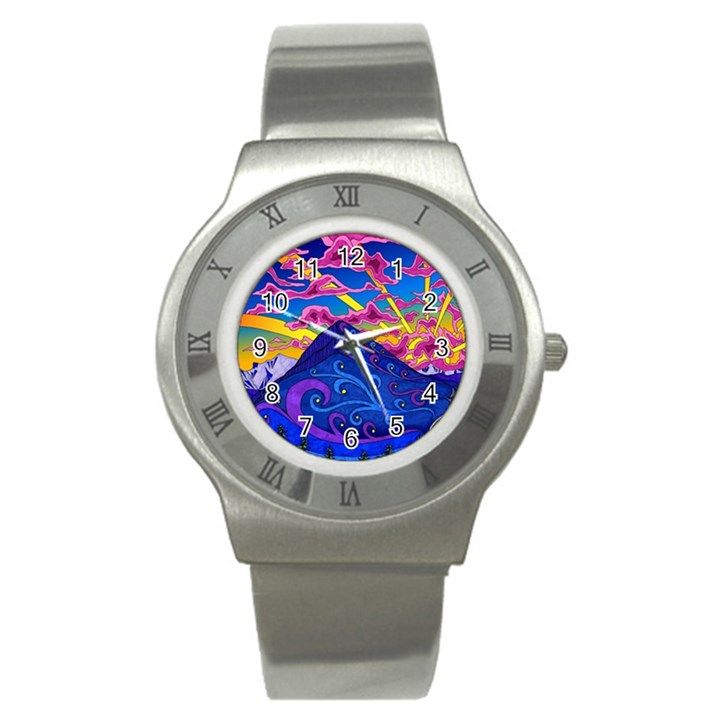 Psychedelic Colorful Lines Nature Mountain Trees Snowy Peak Moon Sun Rays Hill Road Artwork Stars Sk Stainless Steel Watch