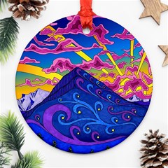 Psychedelic Colorful Lines Nature Mountain Trees Snowy Peak Moon Sun Rays Hill Road Artwork Stars Sk Round Ornament (two Sides) by Jancukart