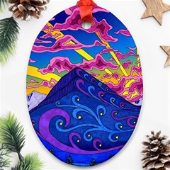 Psychedelic Colorful Lines Nature Mountain Trees Snowy Peak Moon Sun Rays Hill Road Artwork Stars Sk Oval Ornament (two Sides)