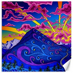 Psychedelic Colorful Lines Nature Mountain Trees Snowy Peak Moon Sun Rays Hill Road Artwork Stars Sk Canvas 12  X 12 