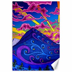 Psychedelic Colorful Lines Nature Mountain Trees Snowy Peak Moon Sun Rays Hill Road Artwork Stars Sk Canvas 12  X 18  by Jancukart