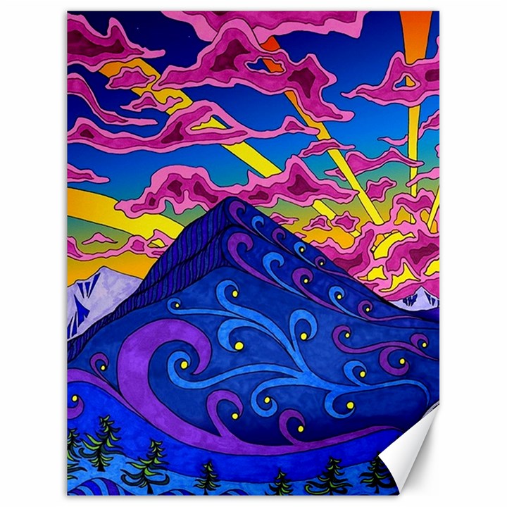 Psychedelic Colorful Lines Nature Mountain Trees Snowy Peak Moon Sun Rays Hill Road Artwork Stars Sk Canvas 18  x 24 