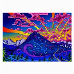 Psychedelic Colorful Lines Nature Mountain Trees Snowy Peak Moon Sun Rays Hill Road Artwork Stars Sk Large Glasses Cloth (2 Sides) by Jancukart