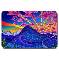 Psychedelic Colorful Lines Nature Mountain Trees Snowy Peak Moon Sun Rays Hill Road Artwork Stars Sk Large Doormat by Jancukart