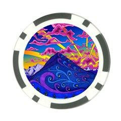 Psychedelic Colorful Lines Nature Mountain Trees Snowy Peak Moon Sun Rays Hill Road Artwork Stars Sk Poker Chip Card Guard