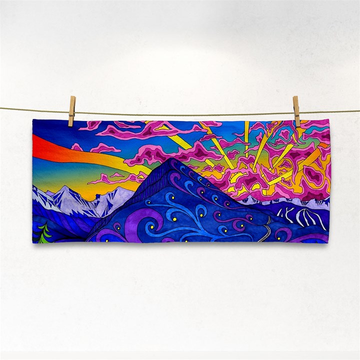 Psychedelic Colorful Lines Nature Mountain Trees Snowy Peak Moon Sun Rays Hill Road Artwork Stars Sk Hand Towel