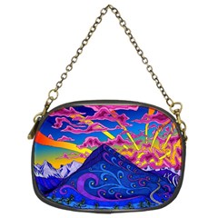 Psychedelic Colorful Lines Nature Mountain Trees Snowy Peak Moon Sun Rays Hill Road Artwork Stars Sk Chain Purse (two Sides) by Jancukart