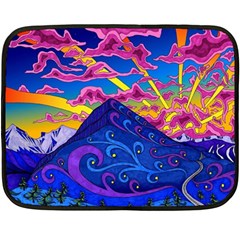 Psychedelic Colorful Lines Nature Mountain Trees Snowy Peak Moon Sun Rays Hill Road Artwork Stars Sk Fleece Blanket (mini) by Jancukart