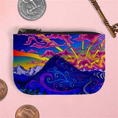 Psychedelic Colorful Lines Nature Mountain Trees Snowy Peak Moon Sun Rays Hill Road Artwork Stars Sk Mini Coin Purse by Jancukart