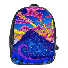 Psychedelic Colorful Lines Nature Mountain Trees Snowy Peak Moon Sun Rays Hill Road Artwork Stars Sk School Bag (large) by Jancukart