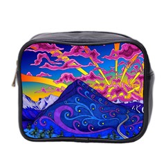 Psychedelic Colorful Lines Nature Mountain Trees Snowy Peak Moon Sun Rays Hill Road Artwork Stars Sk Mini Toiletries Bag (two Sides) by Jancukart