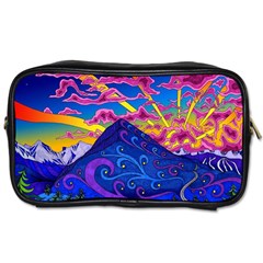 Psychedelic Colorful Lines Nature Mountain Trees Snowy Peak Moon Sun Rays Hill Road Artwork Stars Sk Toiletries Bag (two Sides) by Jancukart