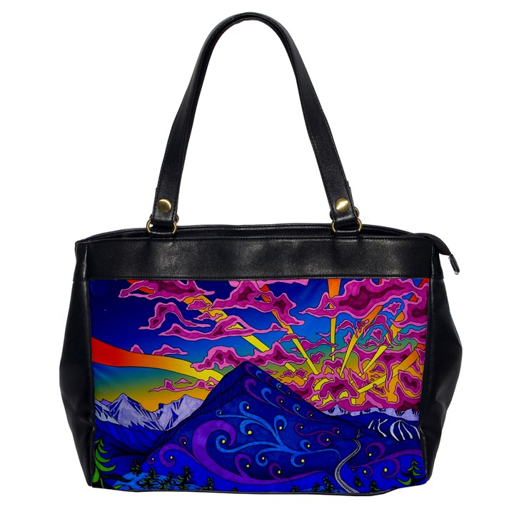 Psychedelic Colorful Lines Nature Mountain Trees Snowy Peak Moon Sun Rays Hill Road Artwork Stars Sk Oversize Office Handbag