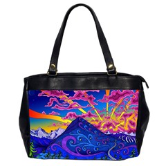 Psychedelic Colorful Lines Nature Mountain Trees Snowy Peak Moon Sun Rays Hill Road Artwork Stars Sk Oversize Office Handbag (2 Sides) by Jancukart