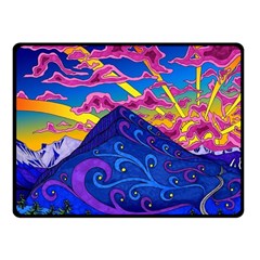 Psychedelic Colorful Lines Nature Mountain Trees Snowy Peak Moon Sun Rays Hill Road Artwork Stars Sk One Side Fleece Blanket (small) by Jancukart