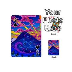 Psychedelic Colorful Lines Nature Mountain Trees Snowy Peak Moon Sun Rays Hill Road Artwork Stars Sk Playing Cards 54 Designs (mini) by Jancukart