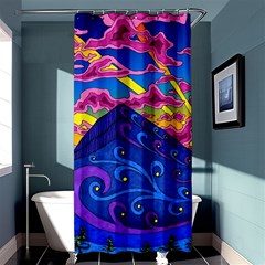 Psychedelic Colorful Lines Nature Mountain Trees Snowy Peak Moon Sun Rays Hill Road Artwork Stars Sk Shower Curtain 36  X 72  (stall) 