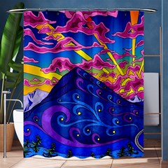 Psychedelic Colorful Lines Nature Mountain Trees Snowy Peak Moon Sun Rays Hill Road Artwork Stars Sk Shower Curtain 60  X 72  (medium)  by Jancukart